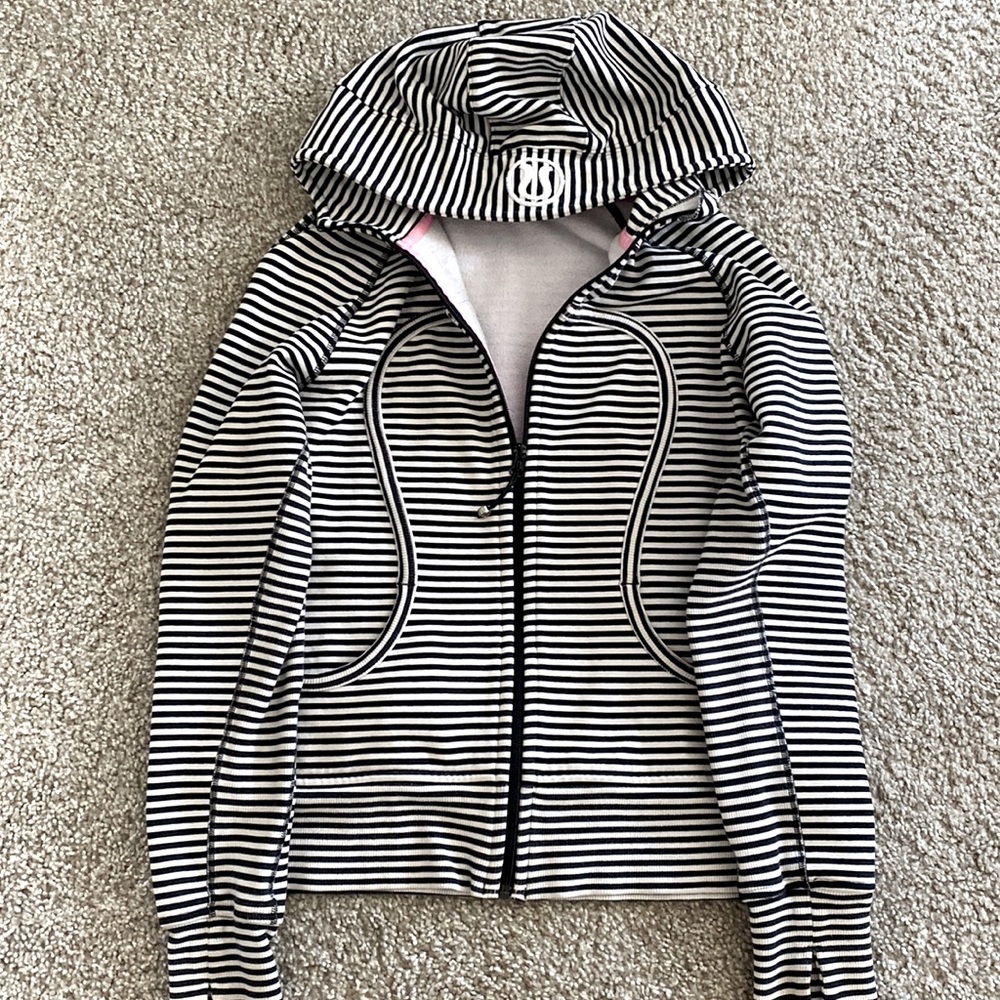 Lululemon black and white striped zip up hoodie.